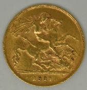 George V 1911 gold half sovereign