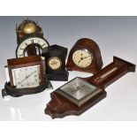 Four small late 19th and early 20thC mantel clocks to include a skeleton lantern example, a slate