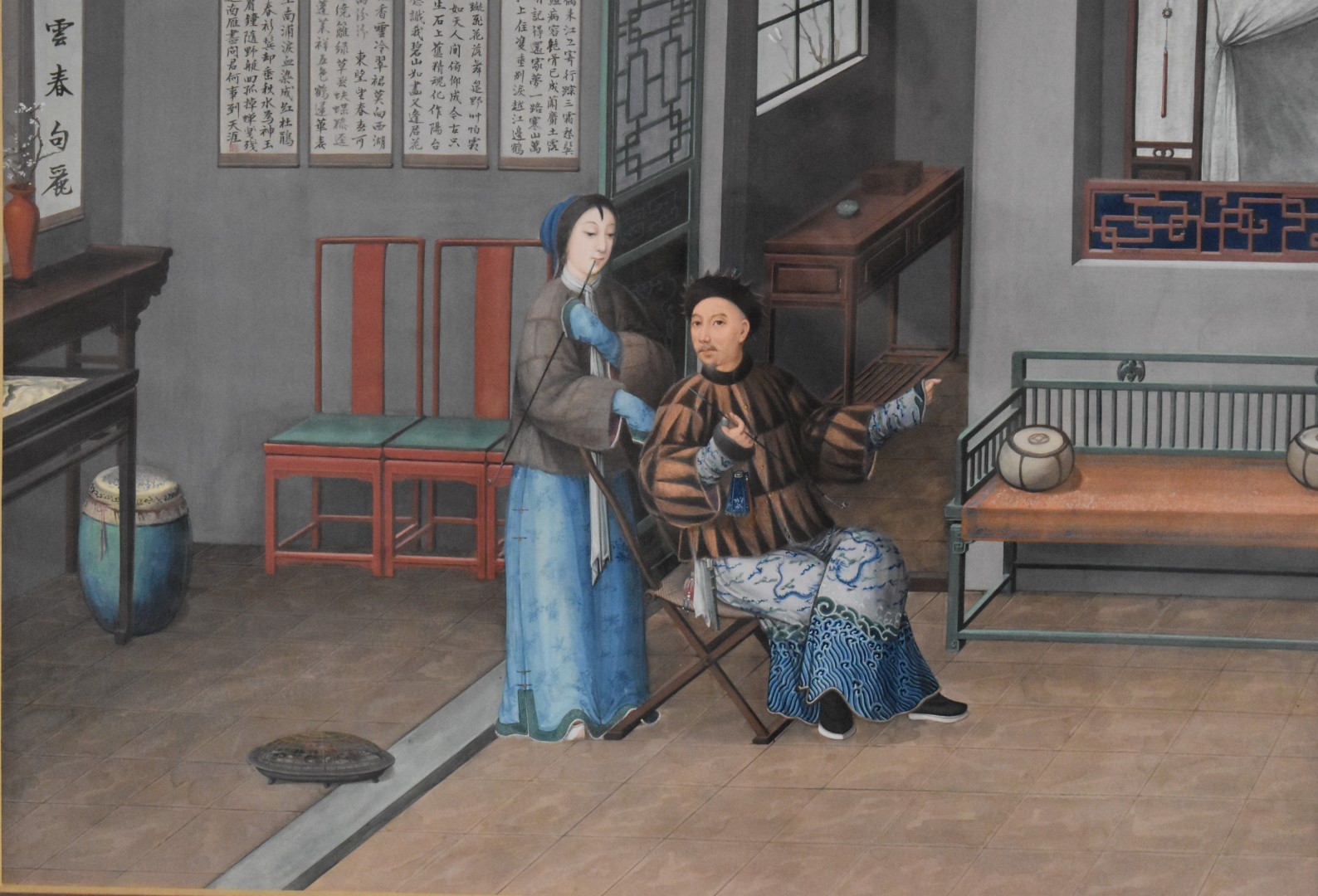 Large 19th/20thC Chinese watercolour of a couple with opium pipes, entitled verso 'A retired - Image 4 of 10