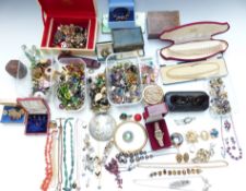 A collection of costume jewellery including Albert chain, malachite necklace, vintage earrings,