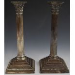 Victorian pair of hallmarked silver Corinthian column candlesticks, London 1896, maker Harrison