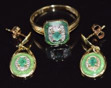A 9ct gold ring set with an emerald, diamond and enamel, with matching earrings
