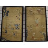A pair of 19thC Chinese silk embroideries with dancing figural decoration, 87 x 50cm