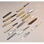 Seventeen folding pocket knives including two hallmarked silver bladed mother of pearl examples