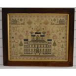 Georgian sampler / embroidery of a large house, flora and fauna (possibly Galston Castles and