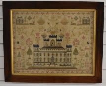 Georgian sampler / embroidery of a large house, flora and fauna (possibly Galston Castles and