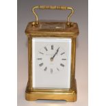 Matthew Norman London, brass corniche cased carriage clock with white Roman dial and Breguet style