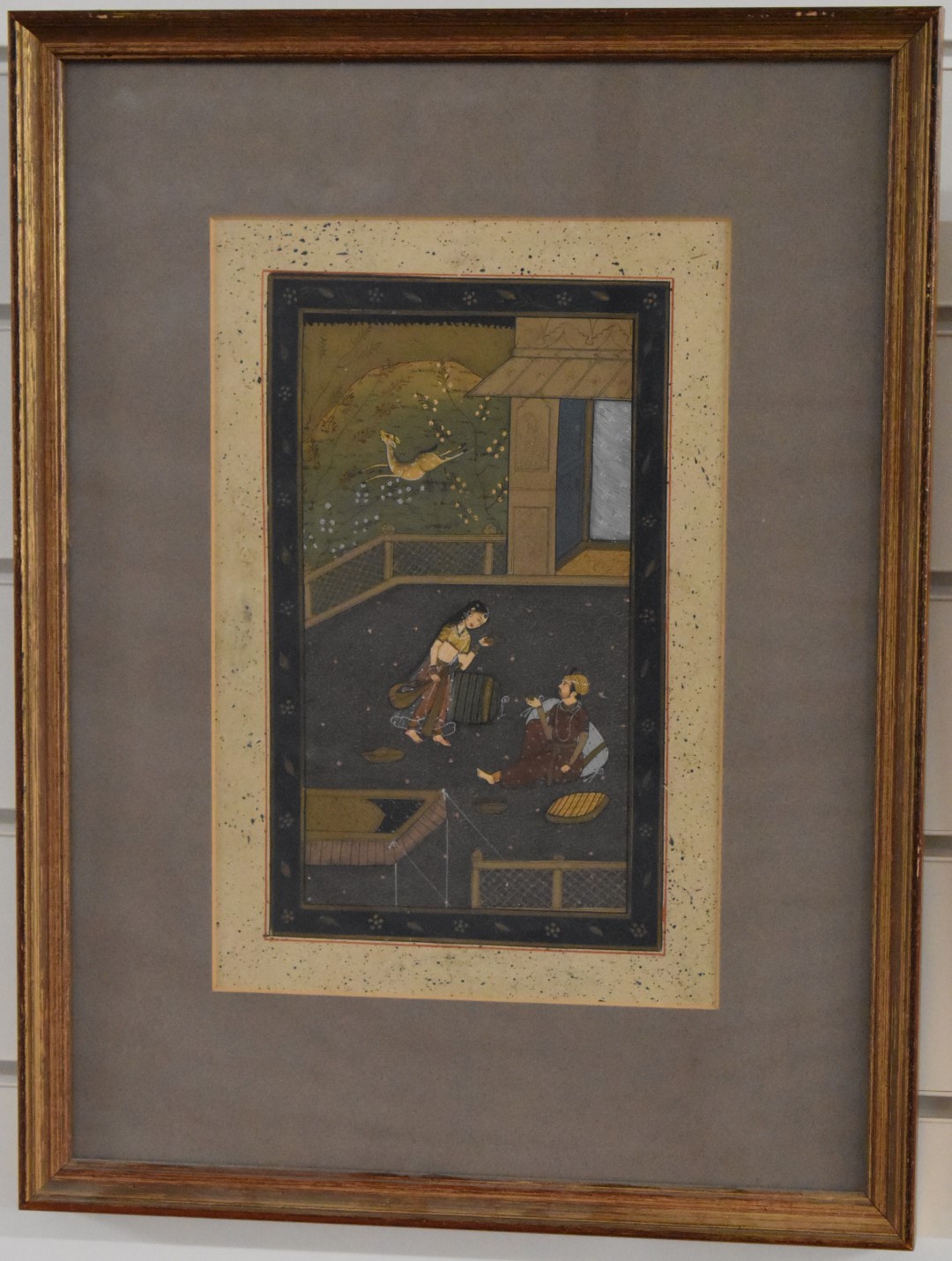 Two Persian watercolours comprising a female musician serenading a seated man and a couple in a - Image 5 of 17