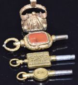 Victorian fob set with agate and watch keys including Victorian and H Samuel Manchester