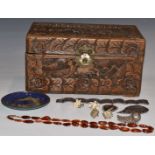 A carved wooden Chinese box, Chinese cloisonné dish, Siam silver brooch, amber necklace, Siam silver