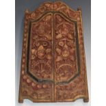 A carved hardwood door, possibly door peephole within a door, H46 x W25cm