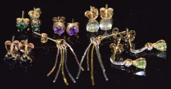 Six pairs of 9ct gold earrings including amethyst, quartz and diamond set, 5.7g
