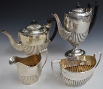 George V hallmarked silver four piece teaset with reeded lower body, Chester 1914/1915, maker George