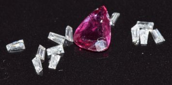 A loose trilliant cut ruby (0.2g) and 12 baguette cut diamonds