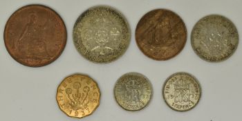 A part set of George VI 1937 Coronation coins, florin, shilling, two sixpences, threepences, penny