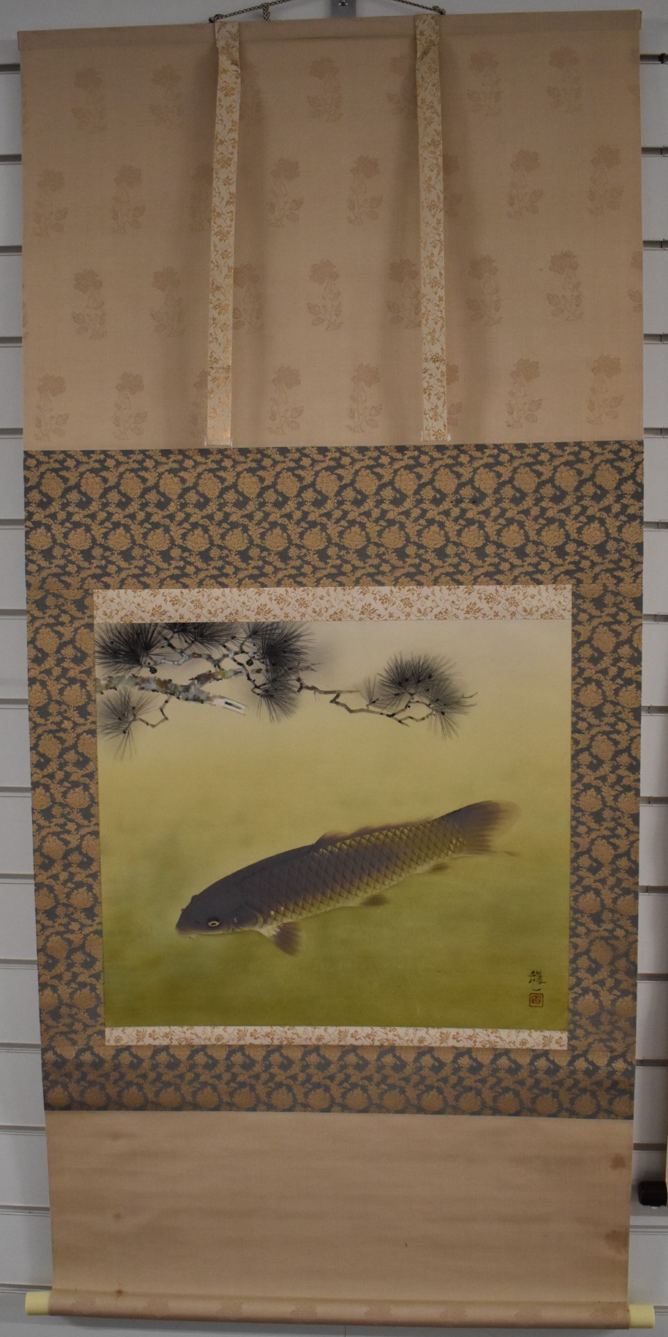 Two Japanese scroll paintings, one of a carp the other abstract landscape, 45 x 52cm and 44 x 51cm - Image 2 of 12