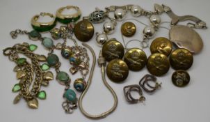 A collection of costume jewellery including silver locket, pendants including turquoise,