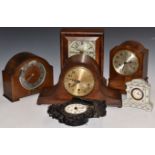 Six various clocks to include an 8 day American shelf clock with Cheltenham retailer, Wurttemberg