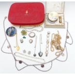 A collection of costume jewellery including silver gilt necklace, Victorian silver locket, silver