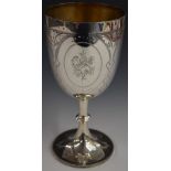 Large Victorian hallmarked silver goblet with engraved floral and foliate decoration, London 1873,