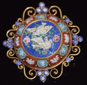 A c1900 Italian micro mosaic brooch depicting doves within a scrolling border, 30.6g