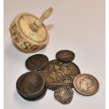 Georgian bone teetotum, H6cm, small compass and a collection of coins including 1890 Victorian crown