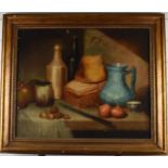 19th or early 20thC still life study of walnuts, bread and other food on a counter, 49 x 59cm, in