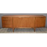 McIntosh retro teak sideboard having three drawers, twin cupboard doors and fall flap, W204 x D49