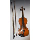 Early to mid 20thC violin with 36cm two piece back, unlabelled, together with two bows, tutor book
