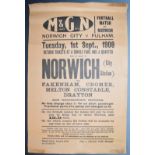 1908 Norwich City v Fulham M & G N railway football poster, 38 x 25cm
