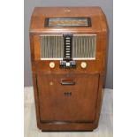 HMV radiogram c1950s, with short, medium and longwave, ivory coloured Bakelite knobs, no