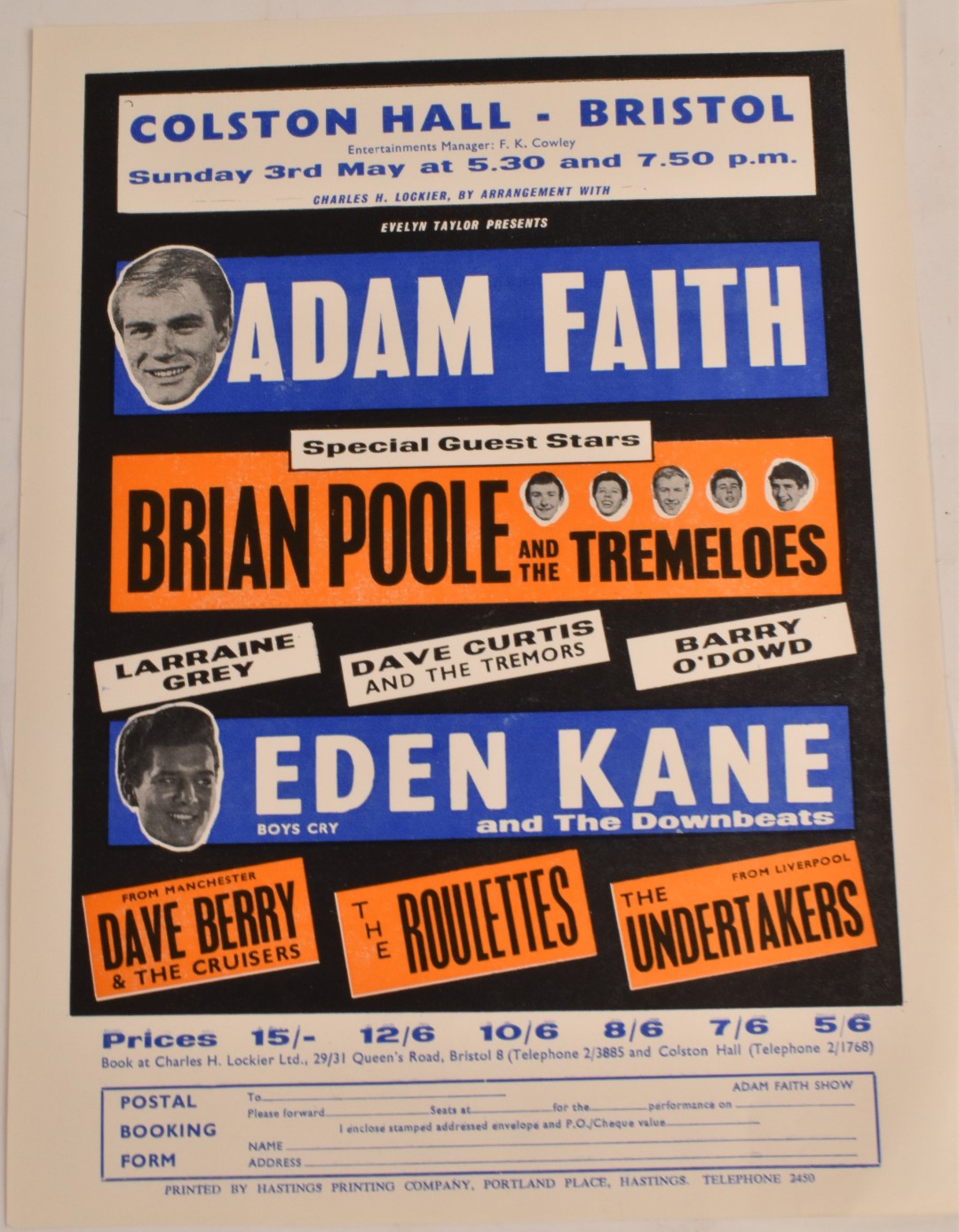 Colston Hall Bristol flyer for 3rd May 1964 advertising a concert featuring Adam Faith, Brian