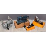 Hilka 5 inch bench grinder, Stanley 4 and 220 planes and a Black and Decker sander