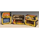 Six Corgi diecast model cars including 154 John Player Special Lotus, 279 Rolls Royce Corniche and