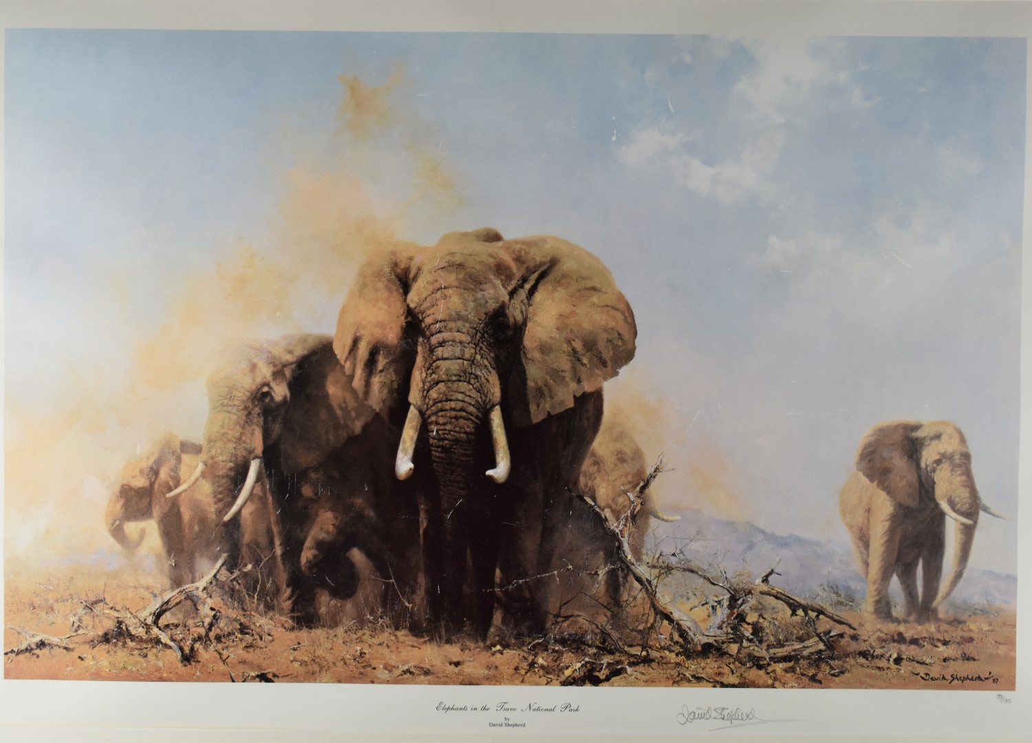 David Shepherd signed limited edition (39/185) print Elephants in the Tsavo National Park, 52 x - Image 2 of 6