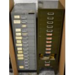 Two sets of metal industrial style drawers and contents, to include saw blades, BA spanners,