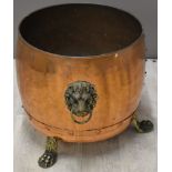 Copper log bin with brass lion paw feet, H41cm