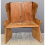 Rustic elm or similar solid seat settle or chair, W97cm