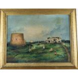19th or early 20thC folk art or naive oil on canvas coastal landscape with two Martello towers,