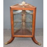 Late 19th or early 20thC inlaid mahogany triangular glazed display cabinet with three glass shelves,