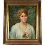 Edwardian oil on canvas portrait of a lady, indistinctly signed/ titled top left, 56 x 46cm, in gilt