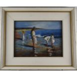 Impressionist oil on board girls on a beach, 29 x 38cm, in white painted and gilt frame