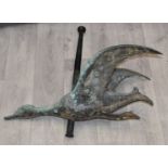 Patinated metal flying swan or duck with hollow mount, possibly for a weather vane, H48 x L59cm
