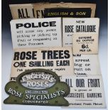 Vintage cardboard/pressed board signage including English and Son Rose Growers Gloucester and