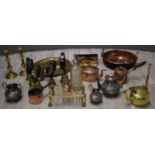 Copper, brass and plated ware including hunting horn, set of bells, Stroud Brewery siphon, copper