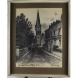 Kenneth 'Ken' Leech (1915-1990) charcoal study St. Paul's church Clifton, Bristol, signed, dated