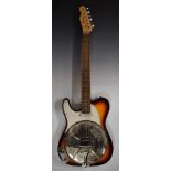 Left handed electric resonator guitar by Chord, modified by Sollophonic, in lacquered sunburst