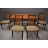 G Plan retro mid century modern extendable table and four chairs, W143 x D99 x H73cm