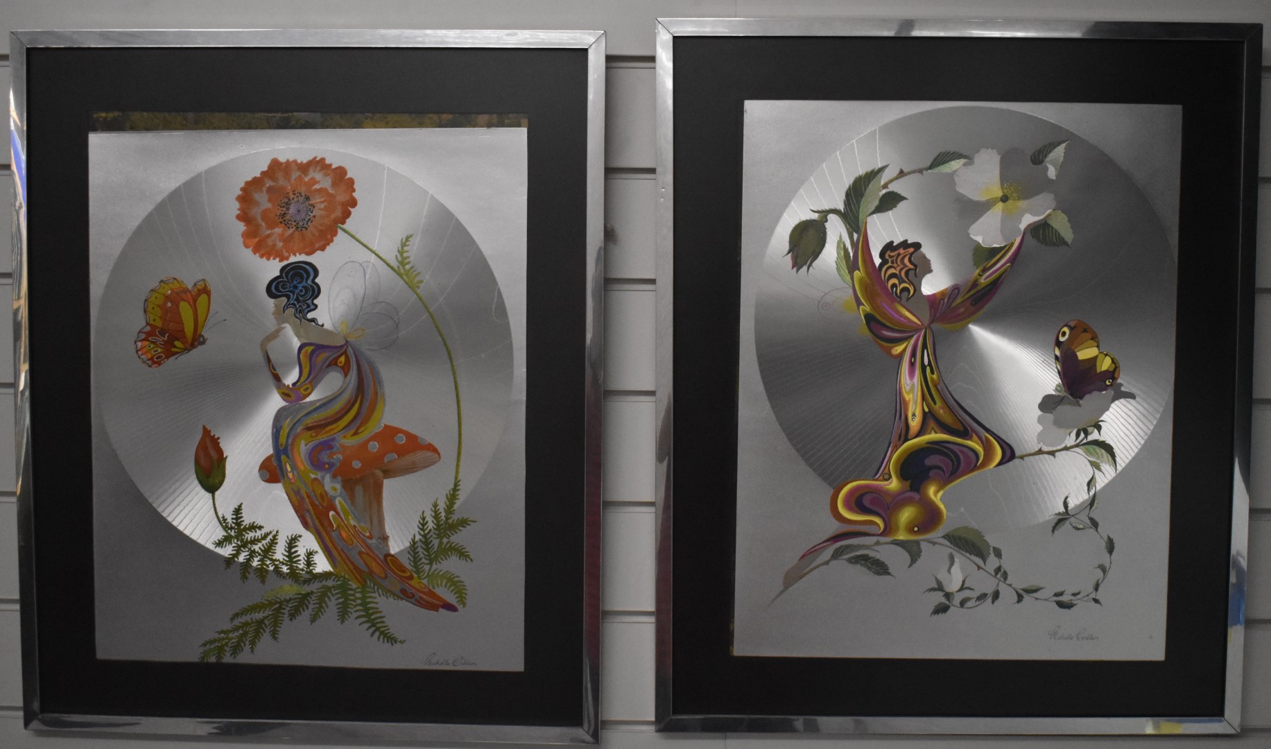 Pair of Michelle Emblem foil art pictures of fairies, 49 x 39cm