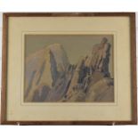 Theodore Howard Somervell, OBE, FRCS (British 1890-1975) watercolour of mountains with script